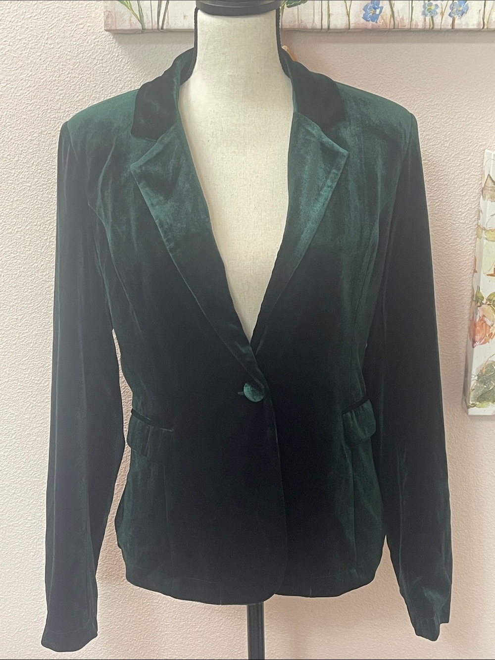 Women's Dark Green Velvet Single-Button Blazer